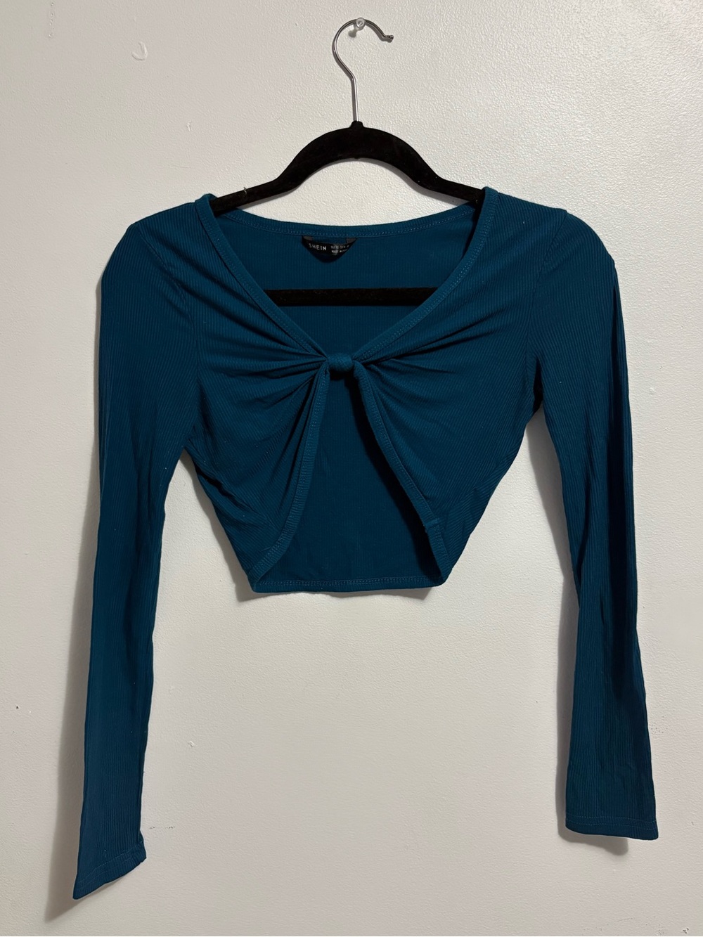 Women’s Teal Knot-Front Long Sleeve Crop Top